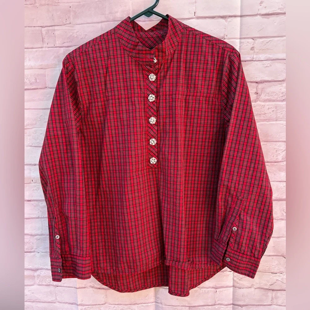 J. Crew size 12 Jeweled button popover tunic red checkered plaid preppy holidays